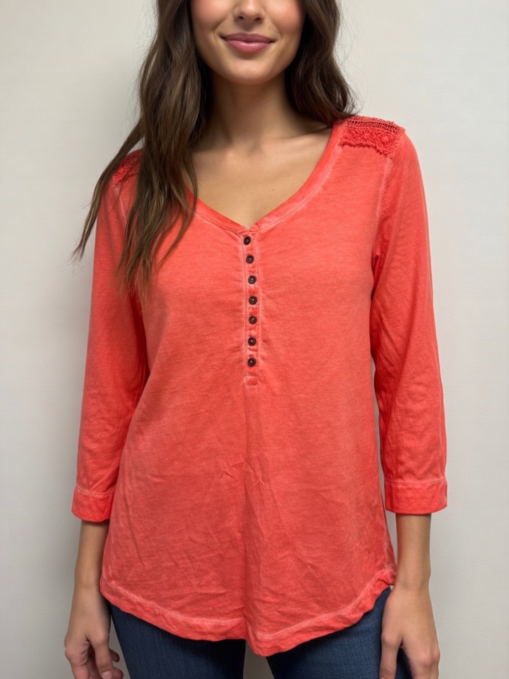Ralph Lauren 100% Cotton Coral Button Henley with Crochet Like New Size M